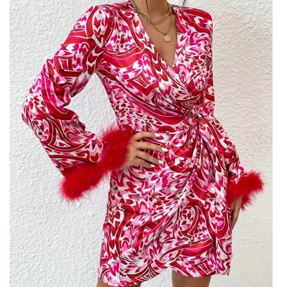 Cuff feather detailed Wrap Knot Side Mini Dress - Picture 5 of 7